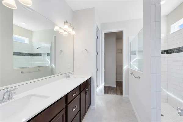 a bathroom with a double vanity sink a mirror and a shower