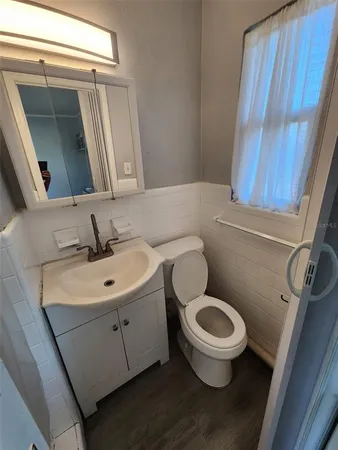 a bathroom with a toilet a sink and mirror