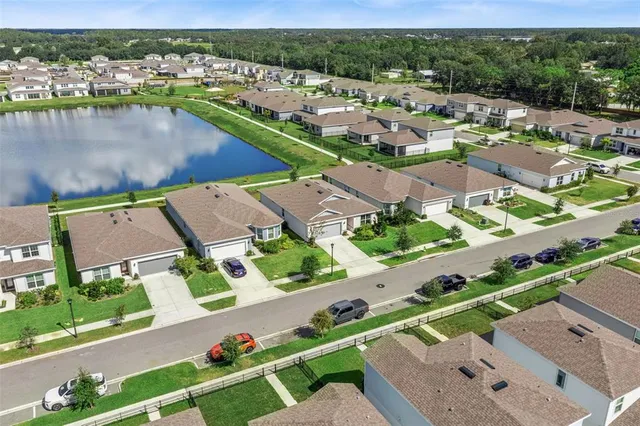 an aerial view of a city with lake view