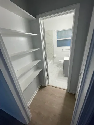 a view of a backyard with plants and a large tree