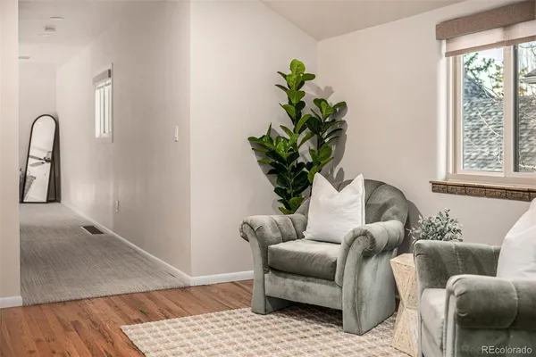 a living room with furniture flowerpot and window