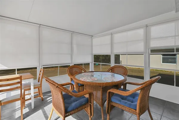 a view of a dining room with furniture and window