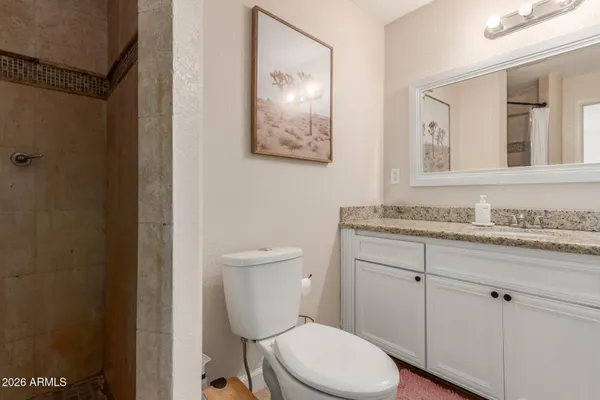 a bathroom with a granite countertop toilet sink and mirror