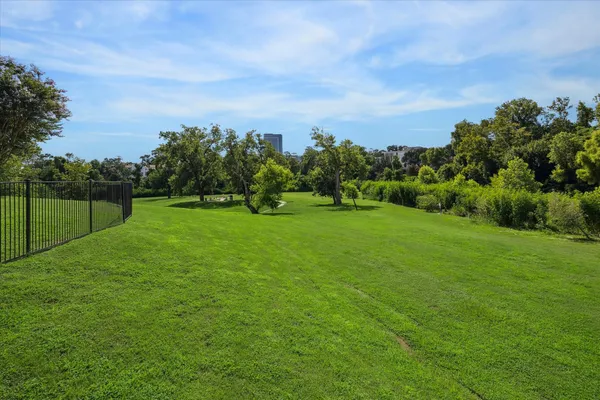 a backyard with a garden and trees