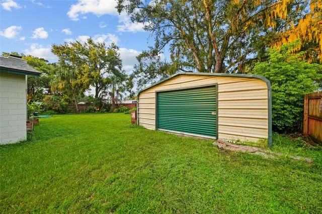 a backyard of a house with plants and large tree