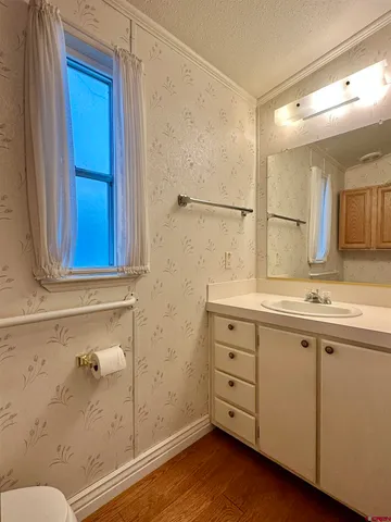 a bathroom with a sink a mirror and a shower
