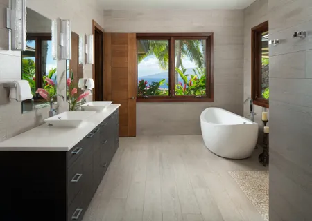 a bathroom with a sink and a large mirror
