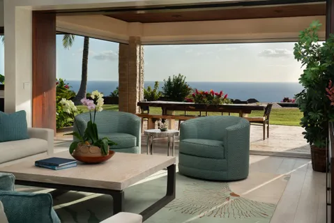 a living room with furniture potted plant and a large window