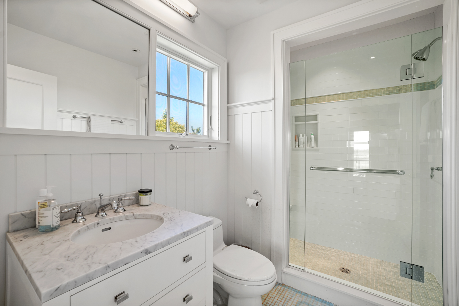 2 Marion Avenue Nantucket, MA 02554 - Photo 42 of 43 a bathroom with a granite countertop sink a toilet and shower
