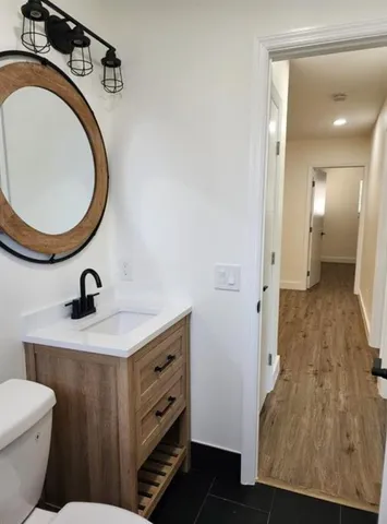 a bathroom with a sink a toilet and a mirror