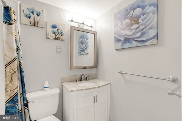 a bathroom with a sink mirror vanity and toilet