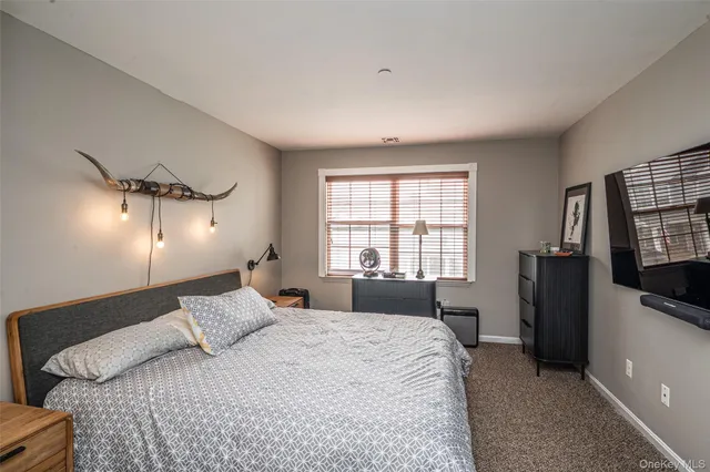 a bedroom with a bed a flat screen tv and a large window