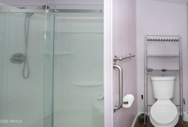 a bathroom with a toilet and a shower