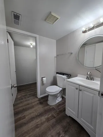 a bathroom with a toilet a sink and mirror