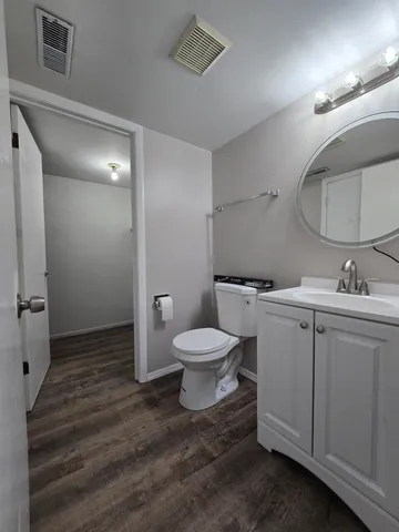 a bathroom with a toilet a sink and mirror