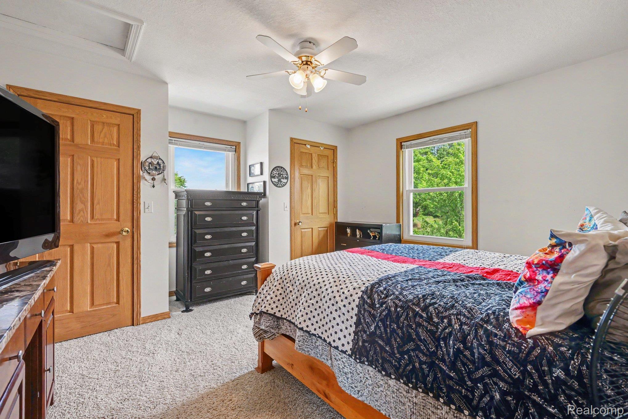 996 Arbogast Road Union City, MI 49094 - Photo 15 of 34 Carpeted room featuring a ceiling fan, light wood doors, and multiple windows