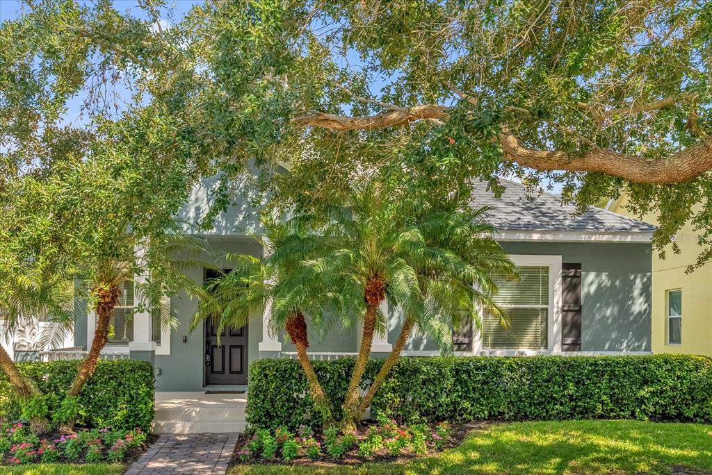 front view of a house with a tree