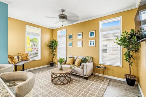 a living room with furniture and a potted plant