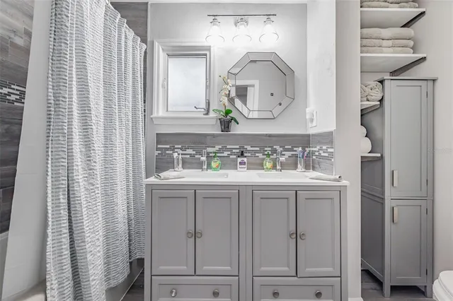 a bathroom with a sink and a mirror
