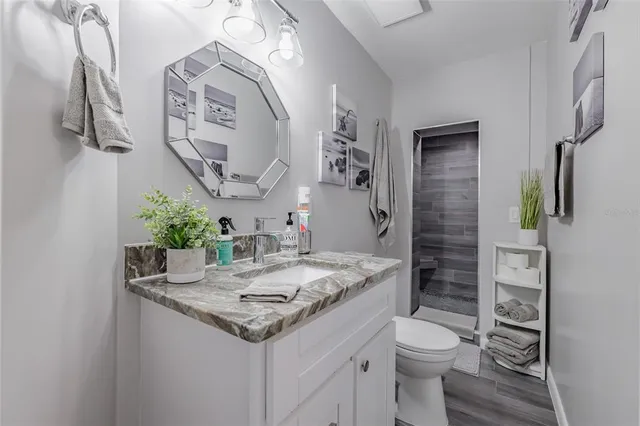 a bathroom with a granite countertop sink and a mirror