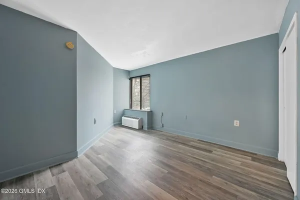 a view of a livingroom with wooden floor and closet