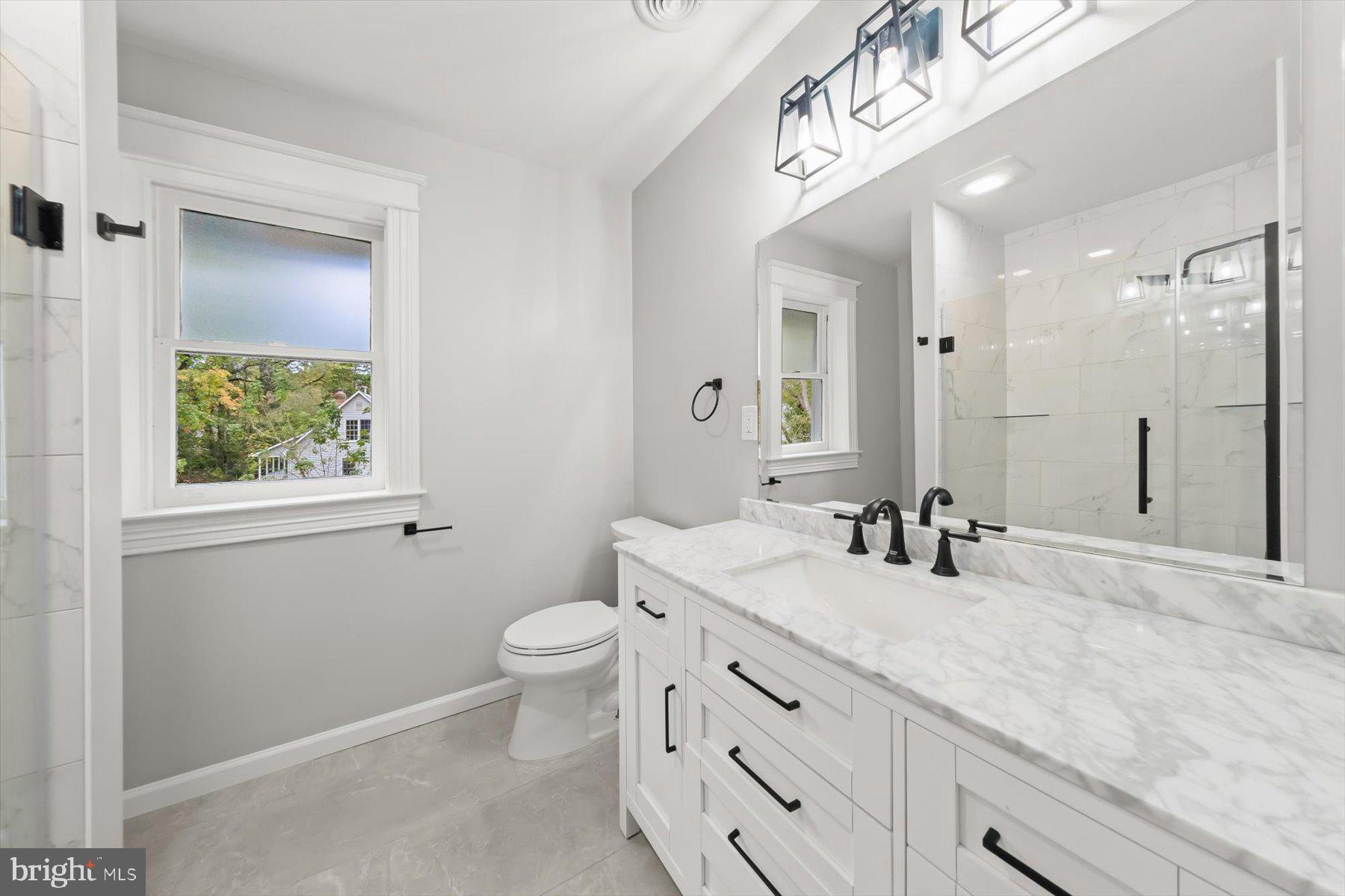 10220 Capitol View Avenue Silver Spring, MD 20910 - Photo 51 of 66 a bathroom with a granite countertop sink a toilet and a mirror