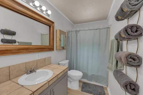 a bathroom with a sink a toilet and shower