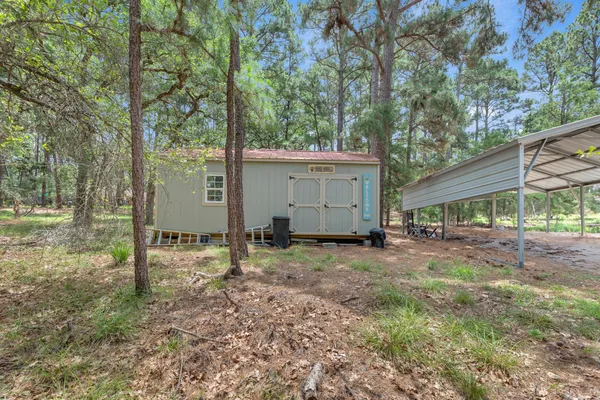 a view of a house with backyard and a tree