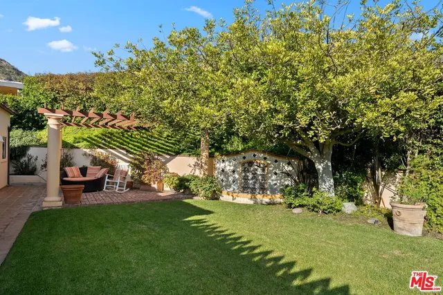 a view of a garden with lawn chairs