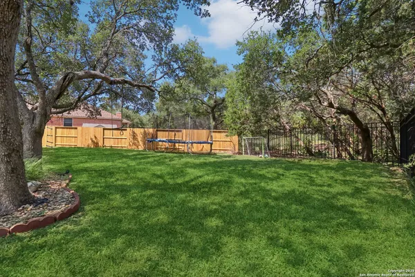 a view of a park with large trees