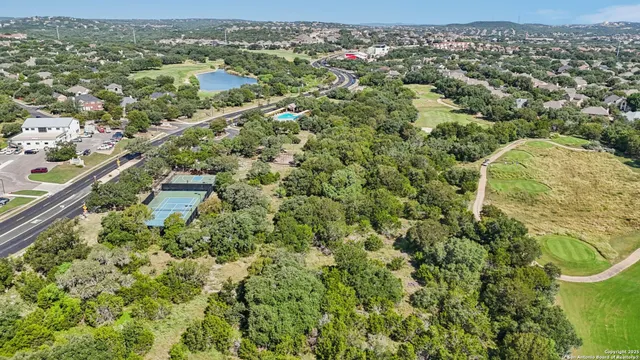 an aerial view of residential houses with outdoor space and trees