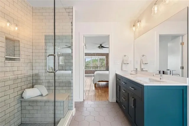 a view of balcony with wooden floor