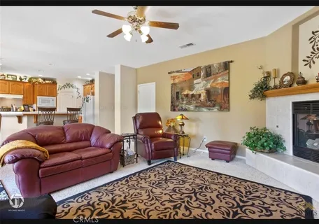 a living room with furniture ceiling fan and a rug