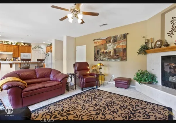 a living room with furniture ceiling fan and a rug