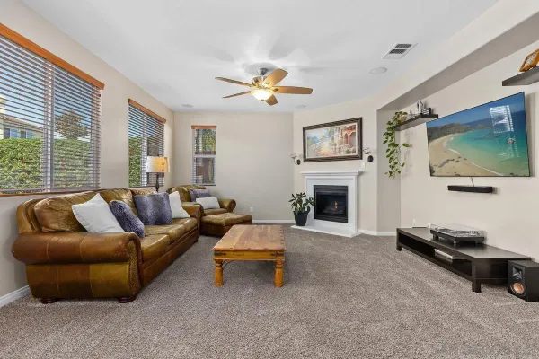 a living room with furniture a flat screen tv and a fireplace