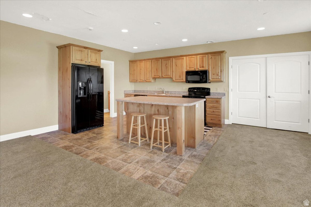 667 Hardscrabble Road Morgan, UT 84050 - Photo 41 of 51 Basement Kitchen featuring light colored carpet, black appliances, light countertops, light wood finish cabinets, and recessed lighting