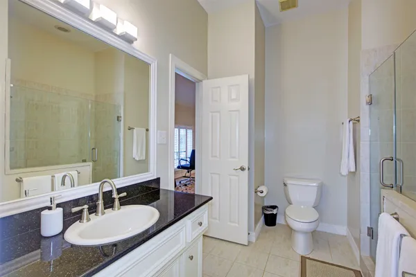a bathroom with a granite countertop sink a toilet and a large mirror