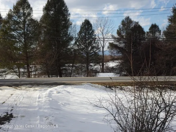 a view of a yard with snow on the road