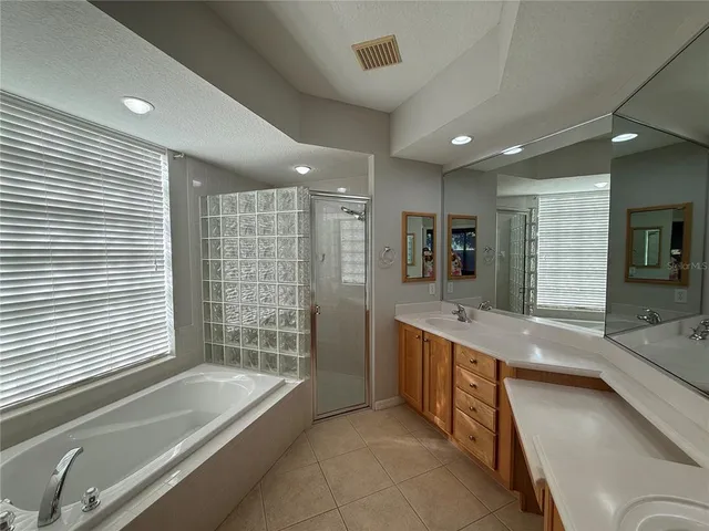 a large bathroom with a double vanity sink large mirror and a bathtub