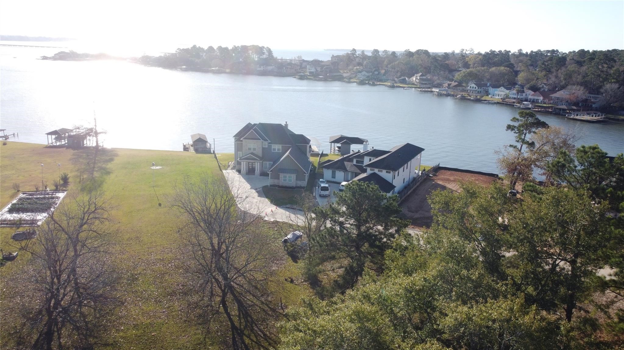 a view of a lake in middle of the town