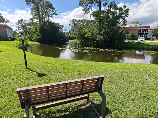 a view of a lake with a bench and a bench