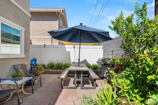 a view of a backyard with sitting area