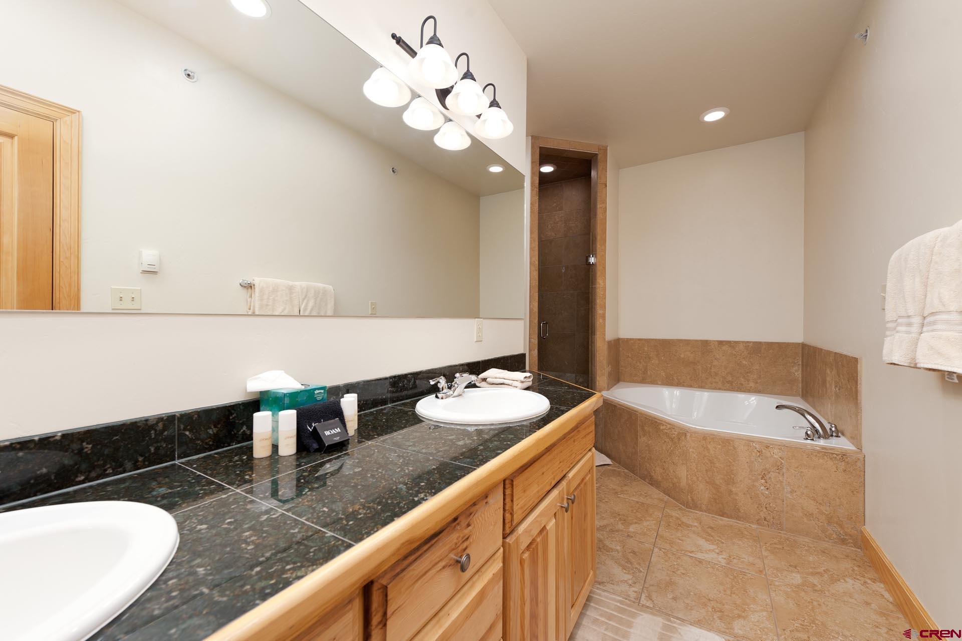 1422 Animas View Drive, Unit 55 Durango, CO 81301 - Photo 15 of 44 a bathroom with a granite countertop sink a large mirror and a bathtub