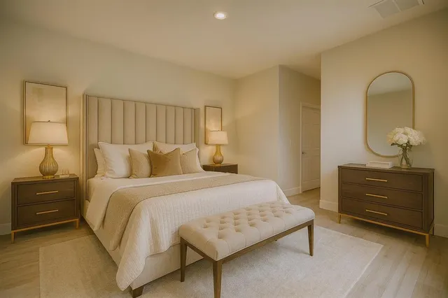 a bedroom with a bed and a dresser