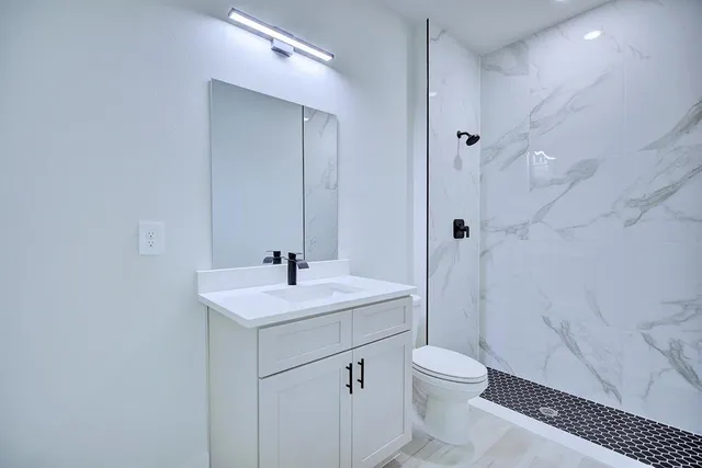 a bathroom with a sink a toilet and shower