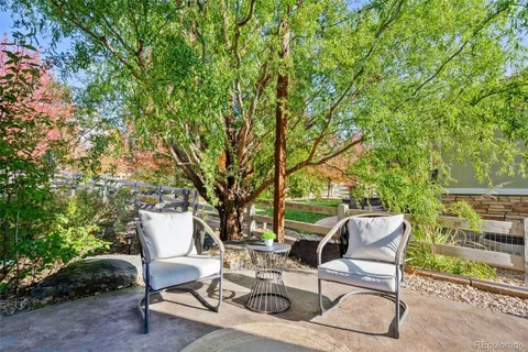a view of backyard with table and chairs and a large tree