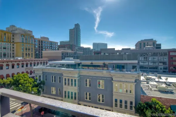 a city view with tall buildings