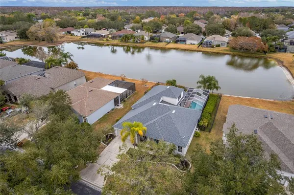 an aerial view of a house with a garden