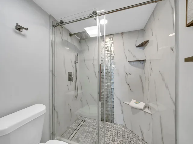 a bathroom with a shower and a toilet