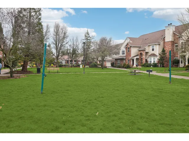 a view of a park with large trees